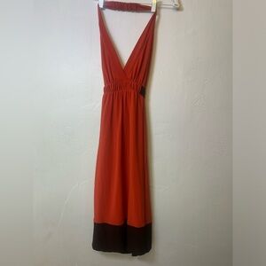 Bisou Bisou Orange and Brown Y2K Midi Halter Dress. A12